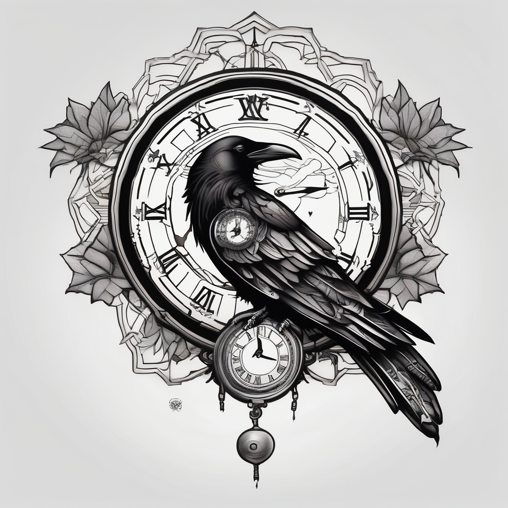 left arm tattoo of a raven mandala on a branch with clock face half sleeve tattoos for men, design de tatouage Japonais généré par IA